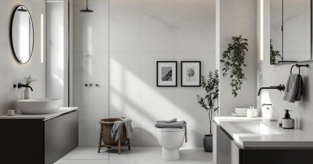 Salle de bain moderne meublée avec vasque, miroir et rangements élégants en bois naturel