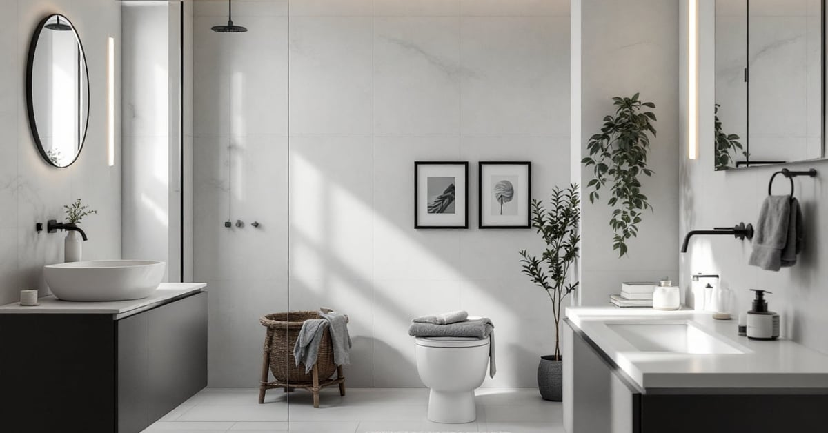 Salle de bain moderne meublée avec vasque, miroir et rangements élégants en bois naturel