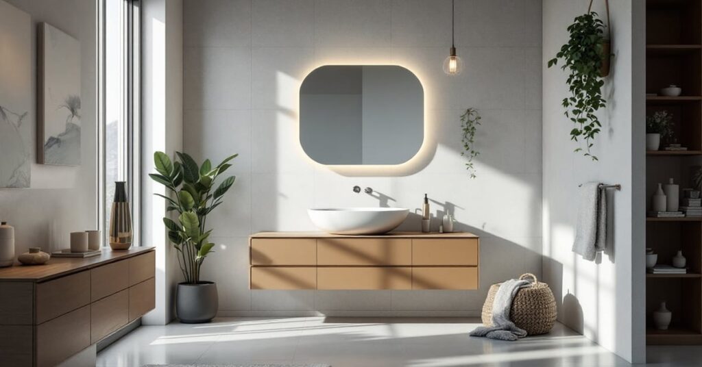Meubles de salle de bain IKEA modernes avec vasque et rangements élégants dans une salle de bain lumineuse