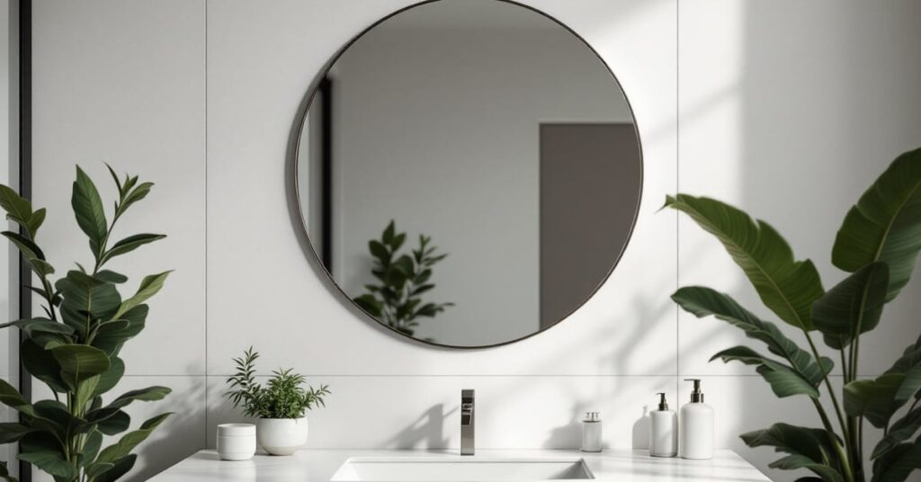 Miroir pour salle de bain moderne installé au-dessus d'un lavabo dans une salle de bain lumineuse
