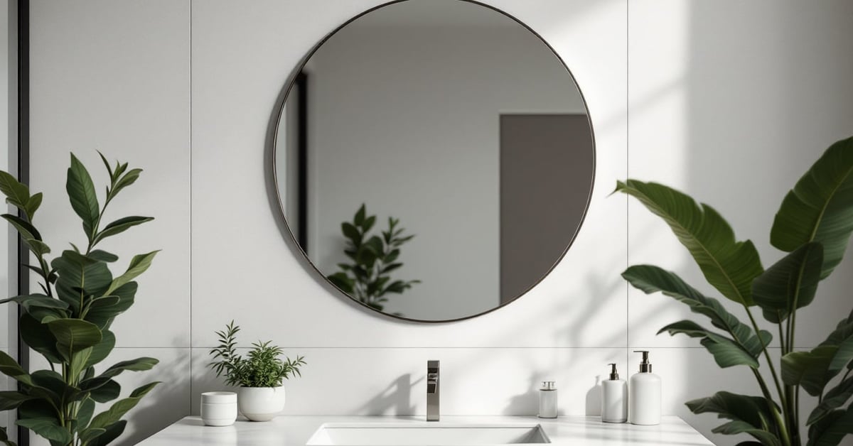 Miroir pour salle de bain moderne installé au-dessus d'un lavabo dans une salle de bain lumineuse