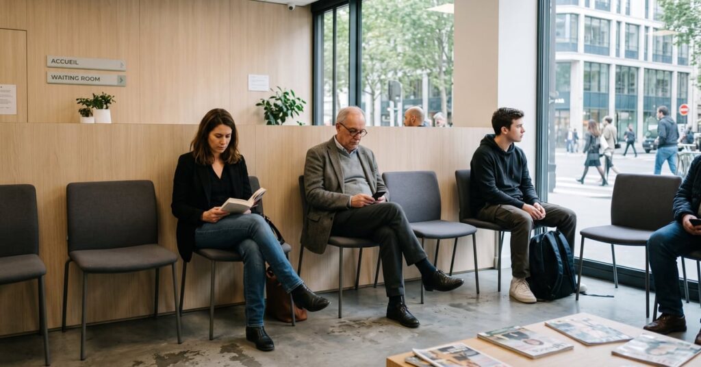 Salle d'attente moderne et accueillante avec sièges confortables et ambiance lumineuse apaisante
