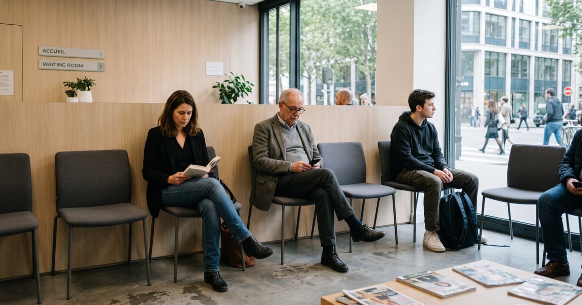 Salle d'attente moderne et accueillante avec sièges confortables et ambiance lumineuse apaisante