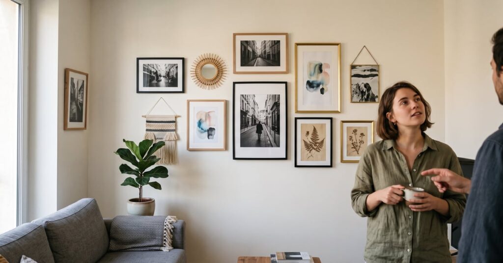 Idées décoration murale salon avec cadres, plantes et étagères dans un intérieur moderne
