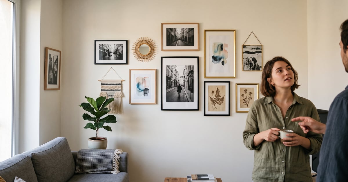 Idées décoration murale salon avec cadres, plantes et étagères dans un intérieur moderne