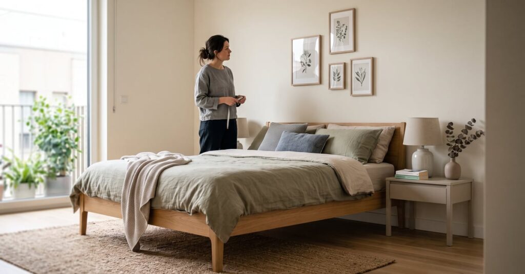 Idées déco chambre parentale cosy avec literie neutre et touches naturelles