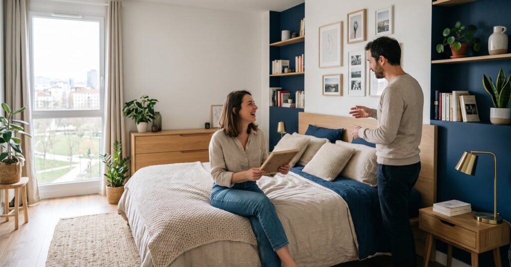 Idées déco chambre parents avec ambiance cosy, tons neutres et mobilier moderne épuré