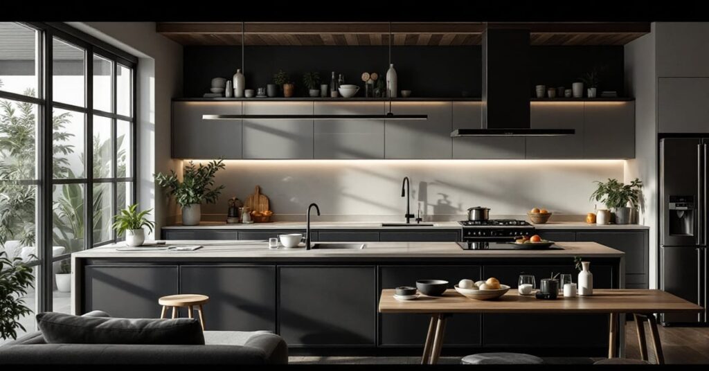 Idées déco cuisine moderne avec matières naturelles, tons neutres et aménagement contemporain