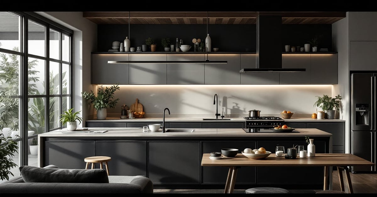 Idées déco cuisine moderne avec matières naturelles, tons neutres et aménagement contemporain