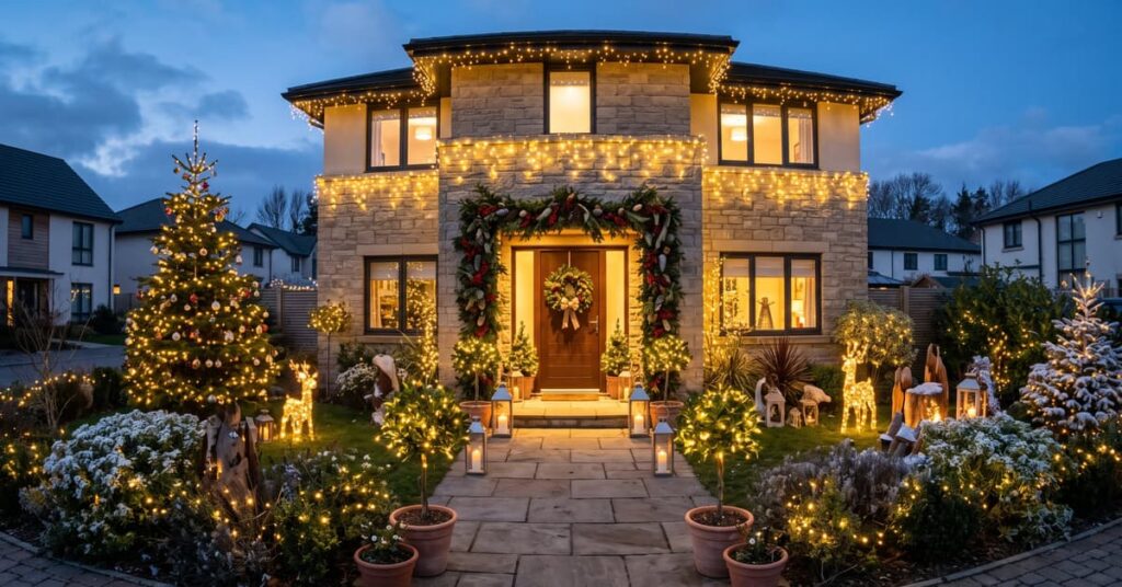 Idées décoration Noël extérieur : façade illuminée avec guirlandes et lumières festives