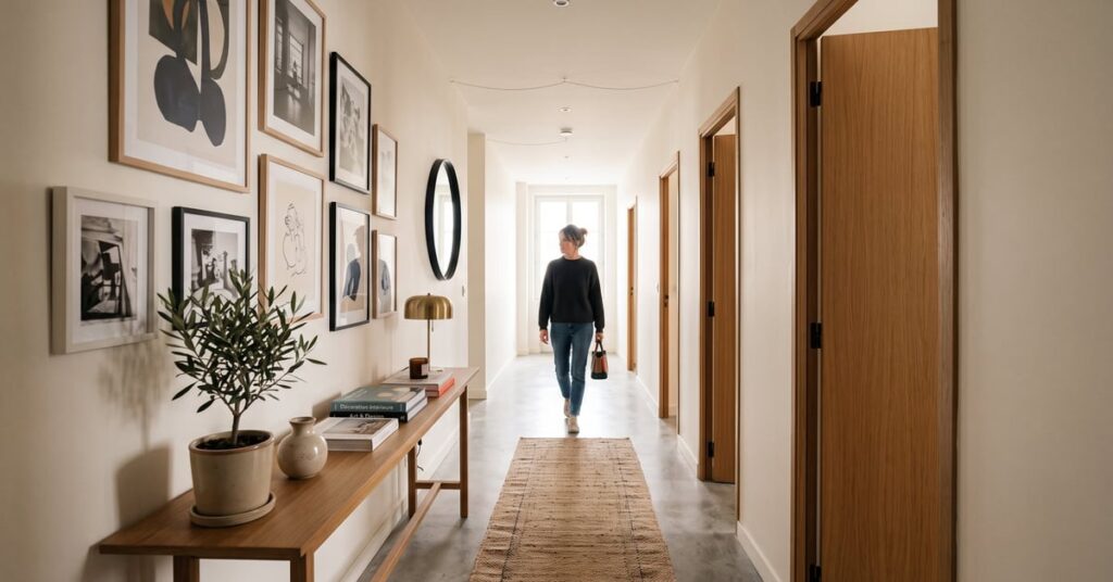 Idées décoration couloir moderne avec miroir, console et plantes pour transformer un espace étroit