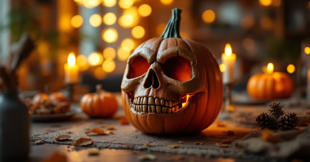 Idées décoration Halloween originales : citrouilles, bougies et toiles d'araignées dans un intérieur moderne