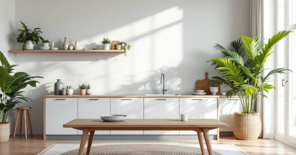 Papier peint pour cuisine moderne avec motif tendance et matière lavable dans une cuisine lumineuse