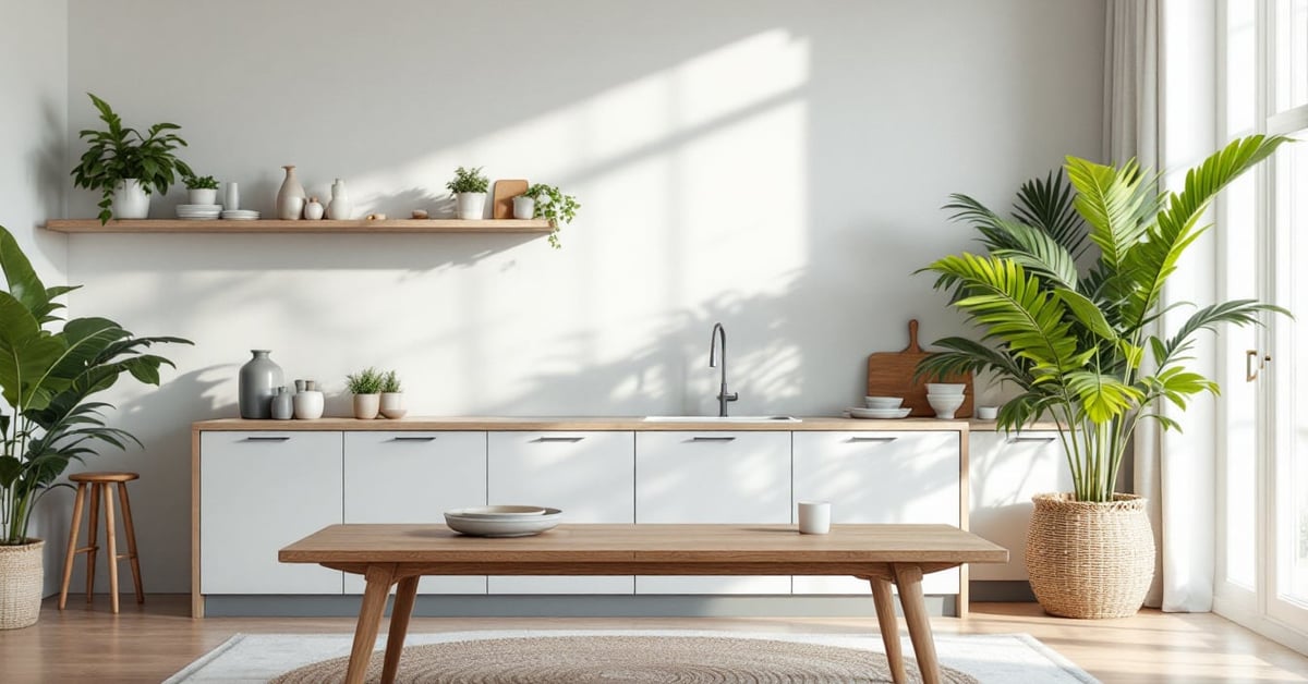 Papier peint pour cuisine moderne avec motif tendance et matière lavable dans une cuisine lumineuse