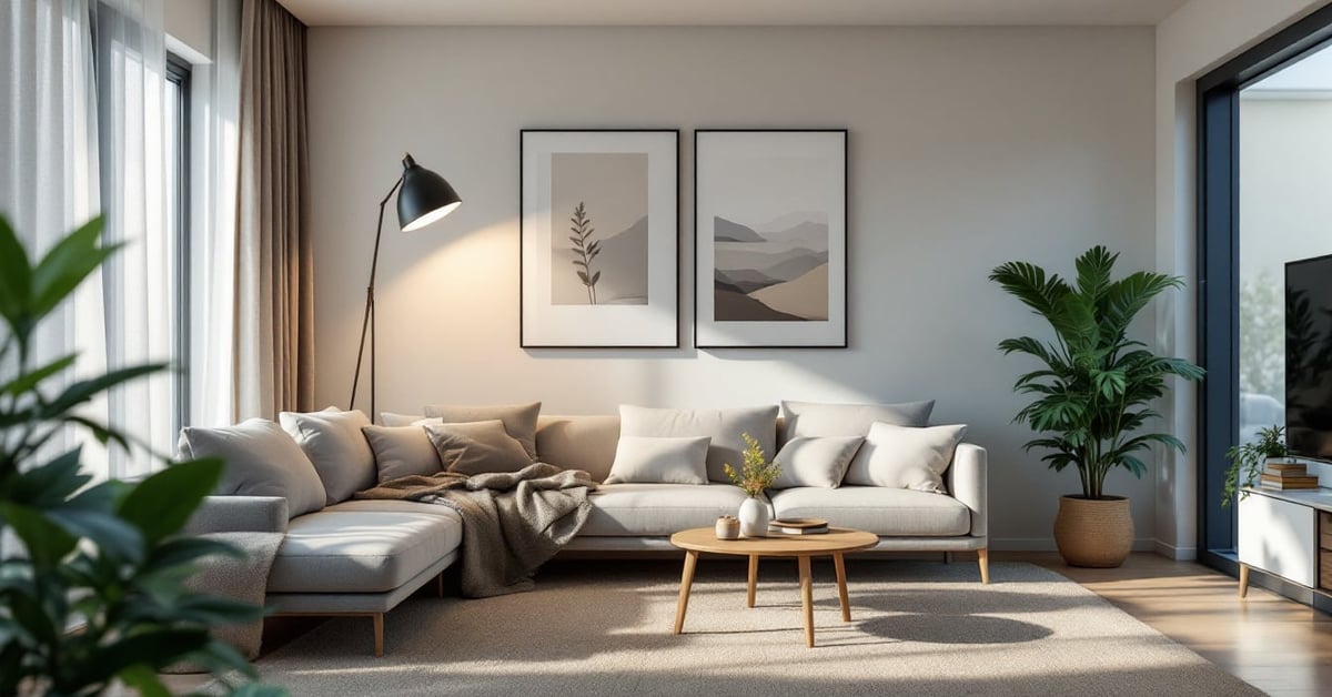 Home staging virtuel : salon vide transformé numériquement avec des meubles modernes et une décoration élégante