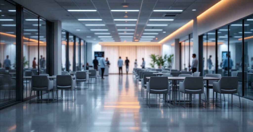Salle d'attente d'hôpital moderne avec sièges confortables et espace lumineux