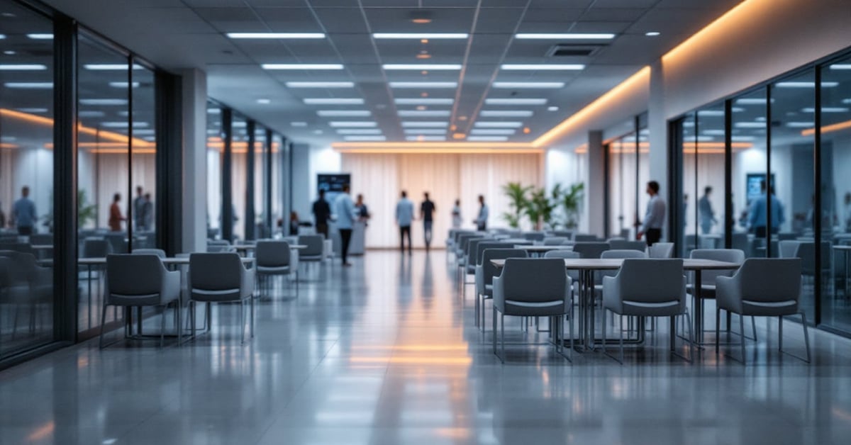 Salle d'attente d'hôpital moderne avec sièges confortables et espace lumineux
