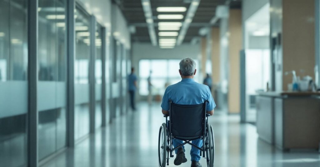 Salle d'attente chez le médecin avec des patients assis sur des chaises dans un cabinet médical moderne